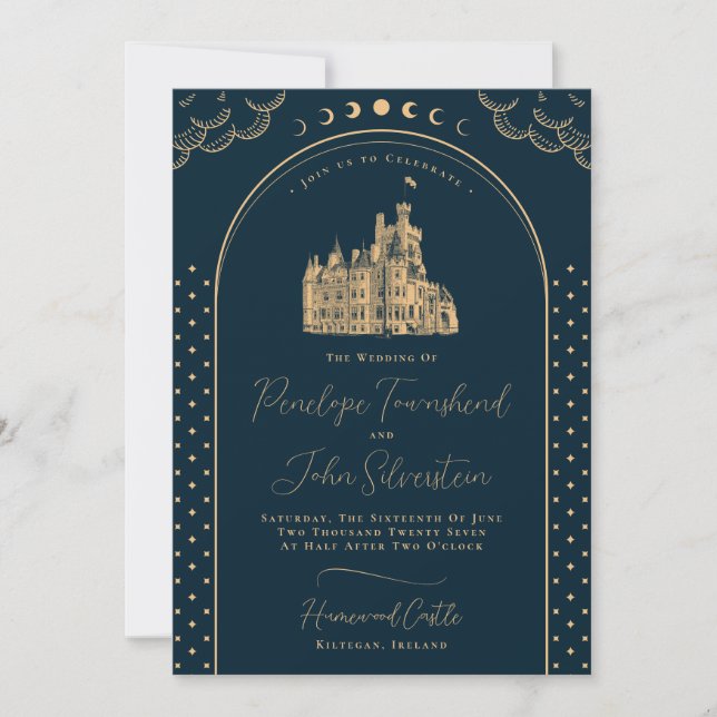 Celestial Navy Blue Gold Vintage Castle Wedding Invitation (Front)