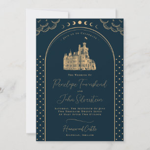 Celestial Navy Blue Gold Vintage Castle Wedding Invitation