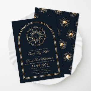 Celestial Navy Blue Golden Monogram Boho  Invitation