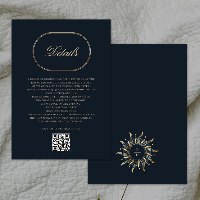 Celestial Navy Blue Golden Mystical Monogram QR Enclosure Card (Creator Uploaded)