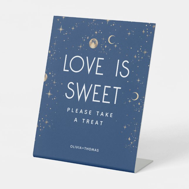 Celestial Navy Blue Love is Sweet Wedding Pedestal Sign (Front)