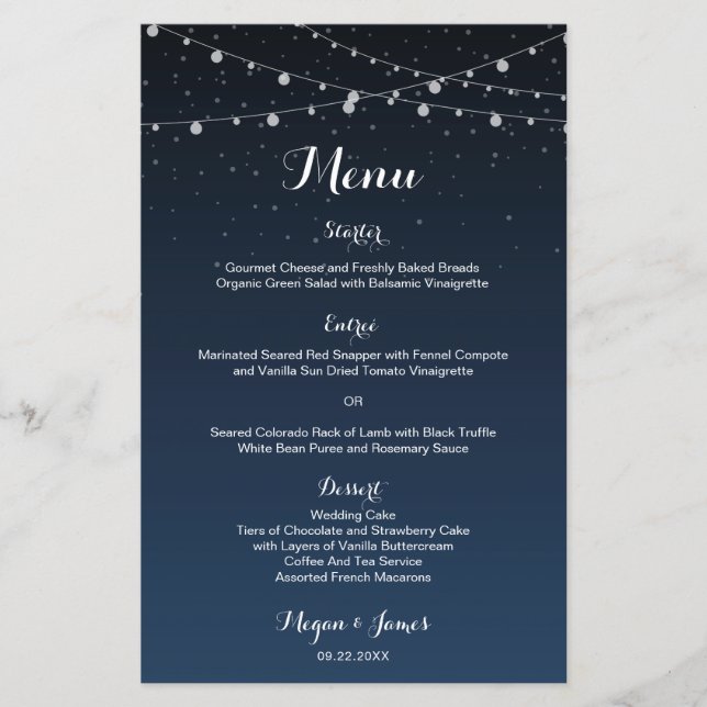 Celestial Navy Blue Starry Night Wedding Menu (Front)