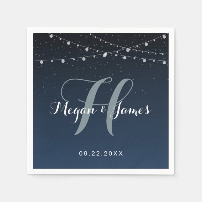 Celestial Navy Blue Starry Night Wedding Monogram Napkin (Front)