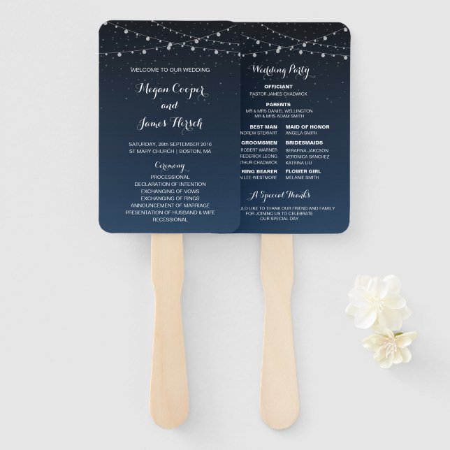 Celestial Navy Blue Starry Night Wedding Program Hand Fan (Front and Back)