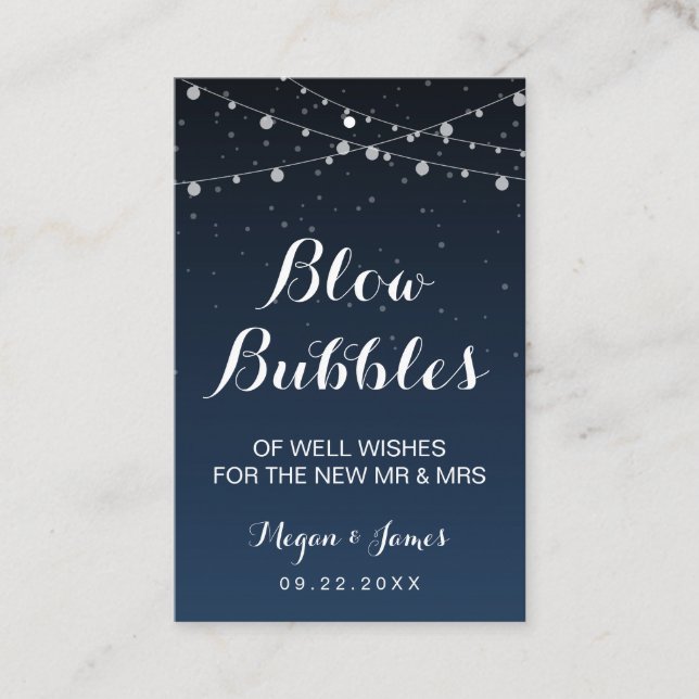 Celestial Navy Blue Stars Wedding Bubble Wand Tag (Front)