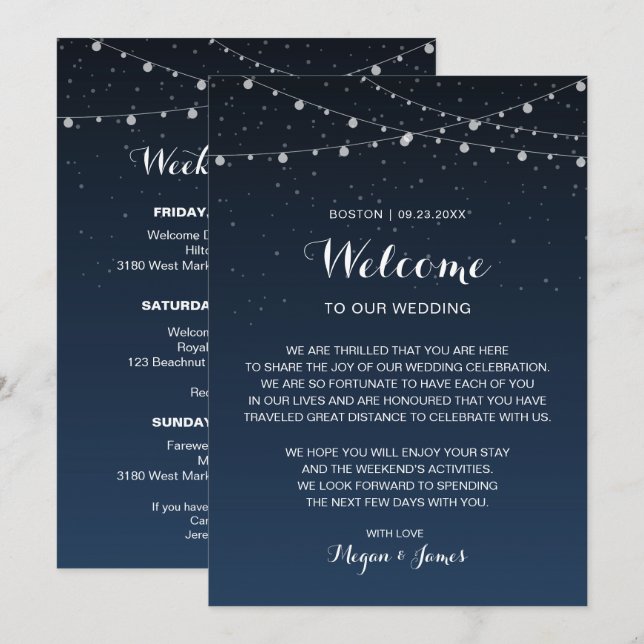Celestial Navy Blue Stars Wedding Welcome Note Invitation (Front/Back)
