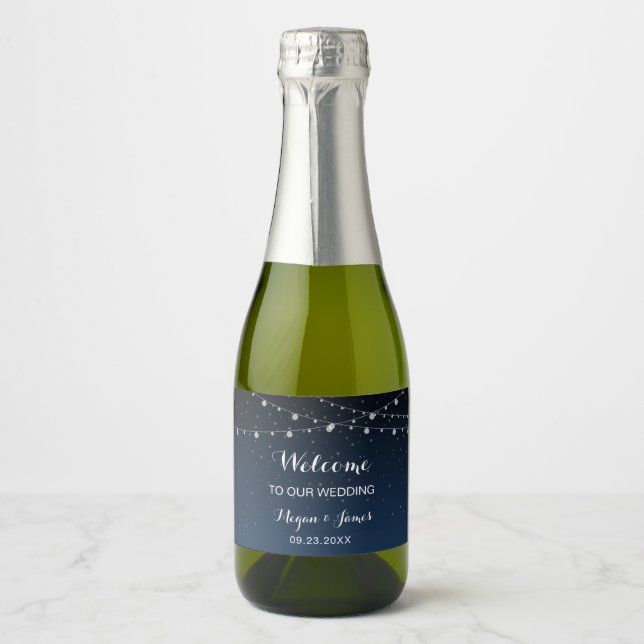 Celestial Navy Blue Stars Welcome  Sparkling Wine Label (Front)