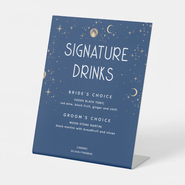 Celestial Navy Blue Wedding Signature Drinks Pedestal Sign (Front)