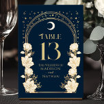 Celestial Navy Elegant Arch Art Nouveau Wedding Table Number<br><div class="desc">Elevate your event with elegance! These Art Nouveau table cards feature golden arches, shimmering stars, and delicate white flowers set against a navy blue backdrop—a timeless design for weddings, dinners, or celebrations. Add a touch of vintage charm to your table decor today! Please note that the gold on this product...</div>