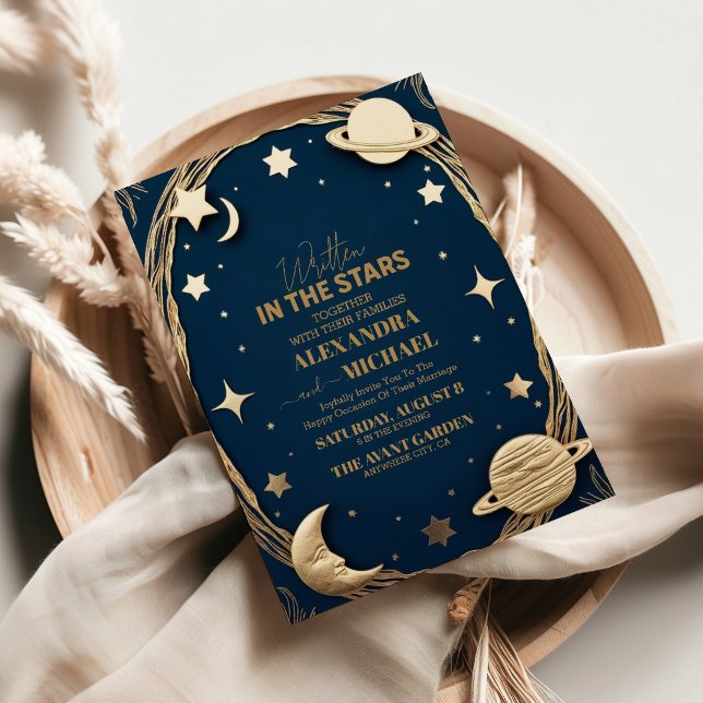 Celestial Navy Gold Crescent Moon Wedding Invitation (Creator Uploaded)