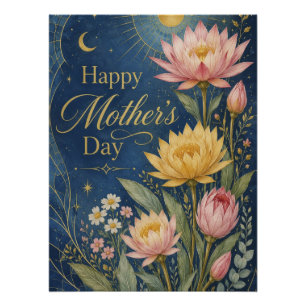 Celestial Navy Gold Lotus Botanical Poster