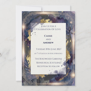 Celestial Navy Gold Watercolor Wedding Invitation