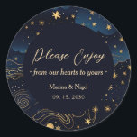 Celestial Navy Gold Wedding Favor Classic Round Sticker<br><div class="desc">Add a heartfelt finishing touch to your wedding favors with this elegant celestial navy and gold wedding sticker featuring the message “Please Enjoy – from our hearts to yours.” Designed with a romantic starry night sky, soft celestial clouds, and refined gold details, this sticker is perfect for sealing favor boxes,...</div>
