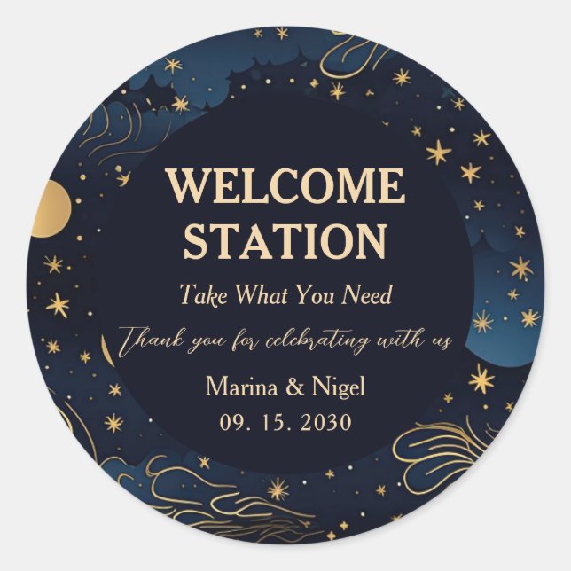 Celestial Navy Gold Wedding Welcome Station Classic Round Sticker (Front)