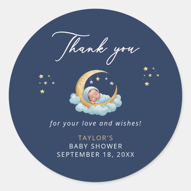 Celestial Navy Moon Baby Shower Thank You Sticker (Front)