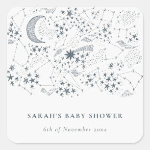 Celestial Navy Starry Night Moon Baby Shower Square Sticker