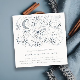 Celestial Navy Starry Night Moon Sketch Engagement Invitation