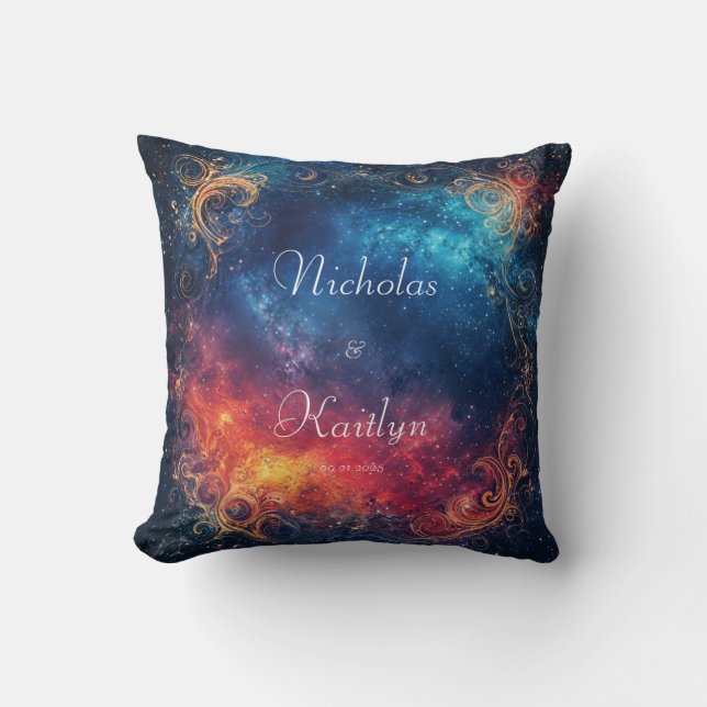 Celestial Nebula Fire Ice Gold Scrollwork Cushion (Front)