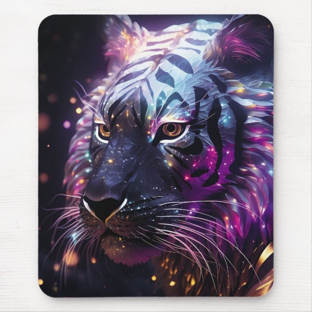 Celestial Neon Tiger – Futuristic Glowing Big Cat  Mouse Mat (Front)
