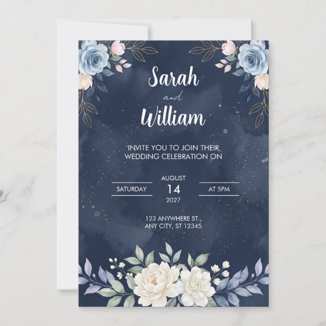 Celestial Night Blue Florals Wedding Invitation (Front)