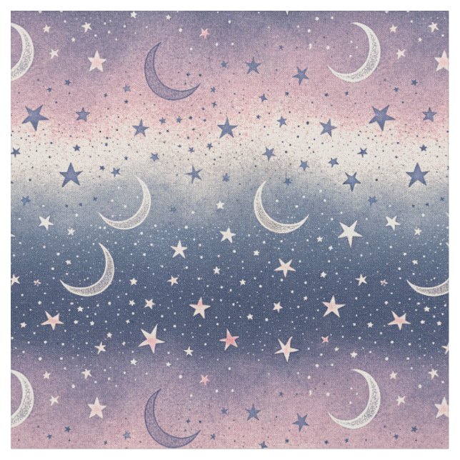 Celestial Night Sky & Crescent Moon Galaxy Pattern Fabric (Close Up)