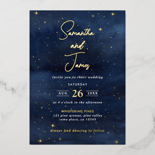 Celestial Night Sky Evening Wedding Blue & Gold (Front)