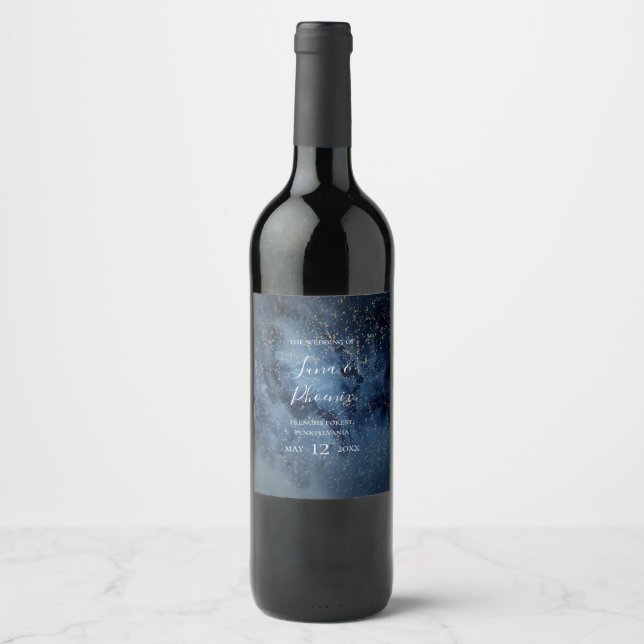 Celestial Night Sky | Gold Wedding Wine Label (Front)