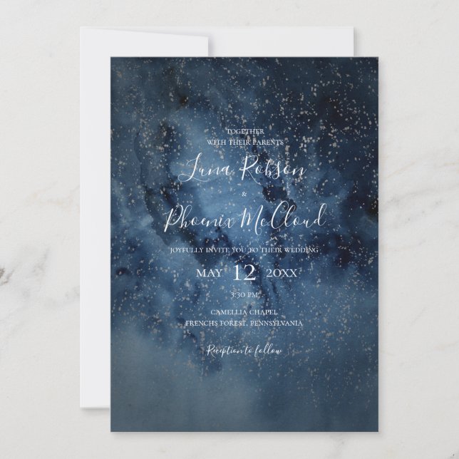 Celestial Night Sky | Silver All In One Wedding Invitation (Front)