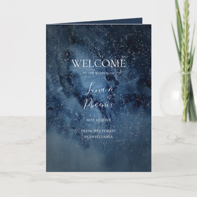 Celestial Night Sky | Silver Folded Wedding Programme (Front)