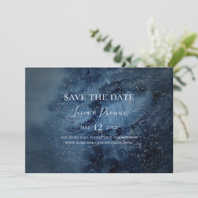 Celestial Night Sky | Silver Horizontal Save The Date (Standing Front)