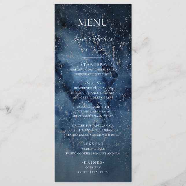 Celestial Night Sky | Silver Wedding Dinner Menu (Front)