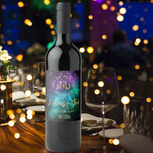 Celestial Night Sky Space Nebula Gold Star Wedding Wine Label