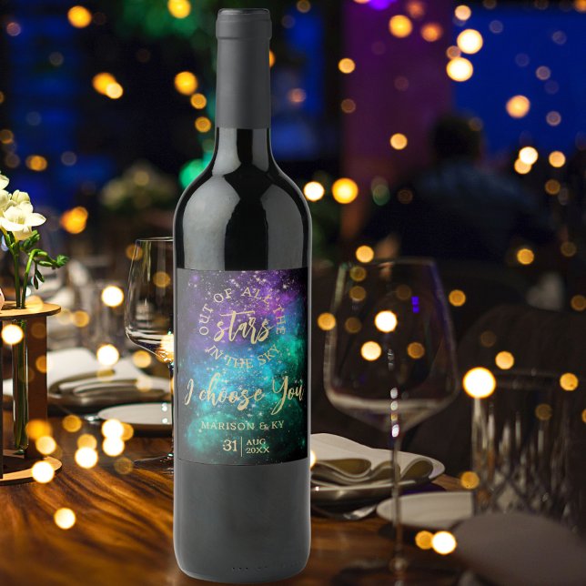 Celestial Night Sky Space Nebula Gold Star Wedding Wine Label (Creator Uploaded)