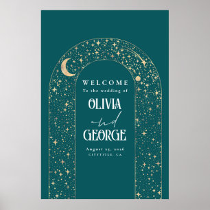 Celestial Night Stars Teal Wedding Welcome Sign