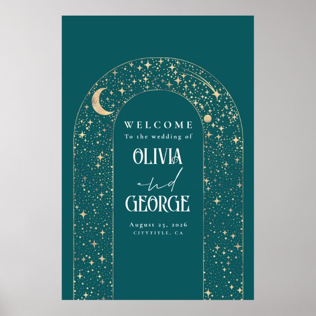 Celestial Night Stars Teal Wedding Welcome Sign (Front)
