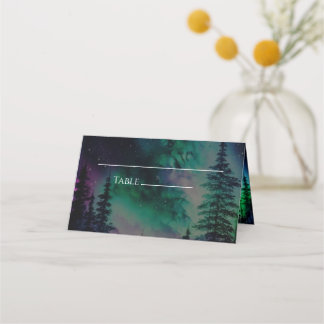 Celestial Northern Light Wedding Folded Place Card