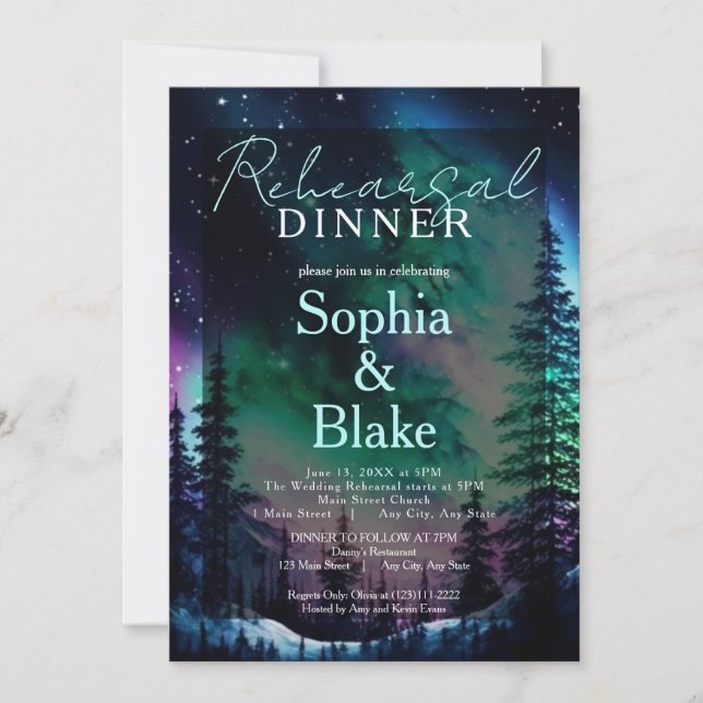 Celestial Northern Lights Wedding Rehearsal Dinner Invitation (Front)