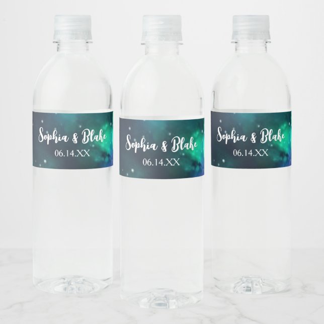 Celestial Northern Lights Wedding Water Bottle Label (Bottles)