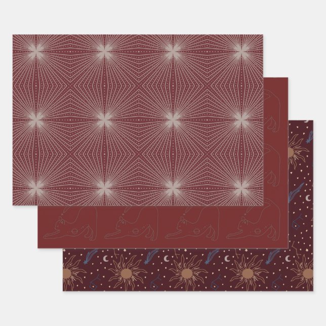 Celestial objects, moon, sun, cat, starburst wrapping paper sheet (Set)