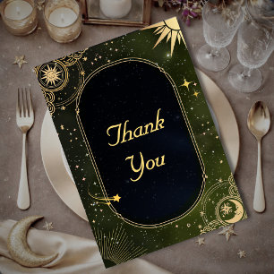 Celestial Olive Green Star Sun Moon Wedding Thank You Card