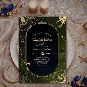 Celestial Olive Green Sun Moon Stars Wedding Invitation