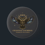 Celestial Owl Cosmic Guardian 6 Cm Round Badge<br><div class="desc">A stunning mystical owl design featuring galaxy-filled wings,  glowing blue eyes,  and a radiant lunar cycle above. Decorated with gold celestial details and cosmic stardust,  this artwork blends wisdom,  magic,  and astronomy into one powerful symbol. Perfect for lovers of owls,  mysticism,  astrology,  cosmic art,  and spiritual aesthetic designs.</div>