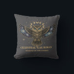 Celestial Owl Cosmic Guardian Cushion<br><div class="desc">A stunning mystical owl design featuring galaxy-filled wings, glowing blue eyes, and a radiant lunar cycle above. Decorated with gold celestial details and cosmic stardust, this artwork blends wisdom, magic, and astronomy into one powerful symbol. Perfect for lovers of owls, mysticism, astrology, cosmic art, and spiritual aesthetic designs.</div>