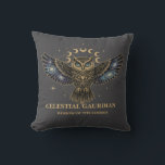 Celestial Owl Cosmic Guardian Cushion<br><div class="desc">A stunning mystical owl design featuring galaxy-filled wings,  glowing blue eyes,  and a radiant lunar cycle above. Decorated with gold celestial details and cosmic stardust,  this artwork blends wisdom,  magic,  and astronomy into one powerful symbol. Perfect for lovers of owls,  mysticism,  astrology,  cosmic art,  and spiritual aesthetic designs.</div>