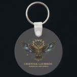 Celestial Owl Cosmic Guardian Key Ring<br><div class="desc">A stunning mystical owl design featuring galaxy-filled wings,  glowing blue eyes,  and a radiant lunar cycle above. Decorated with gold celestial details and cosmic stardust,  this artwork blends wisdom,  magic,  and astronomy into one powerful symbol. Perfect for lovers of owls,  mysticism,  astrology,  cosmic art,  and spiritual aesthetic designs.</div>