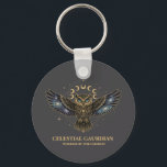 Celestial Owl Cosmic Guardian Key Ring<br><div class="desc">A stunning mystical owl design featuring galaxy-filled wings,  glowing blue eyes,  and a radiant lunar cycle above. Decorated with gold celestial details and cosmic stardust,  this artwork blends wisdom,  magic,  and astronomy into one powerful symbol. Perfect for lovers of owls,  mysticism,  astrology,  cosmic art,  and spiritual aesthetic designs.</div>