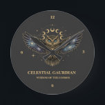 Celestial Owl Cosmic Guardian Round Clock<br><div class="desc">A stunning mystical owl design featuring galaxy-filled wings,  glowing blue eyes,  and a radiant lunar cycle above. Decorated with gold celestial details and cosmic stardust,  this artwork blends wisdom,  magic,  and astronomy into one powerful symbol. Perfect for lovers of owls,  mysticism,  astrology,  cosmic art,  and spiritual aesthetic designs.</div>