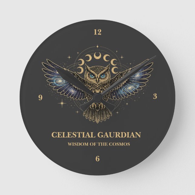Celestial Owl Cosmic Guardian Round Clock (Front)