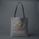 Celestial Owl Cosmic Guardian Tote Bag<br><div class="desc">A stunning mystical owl design featuring galaxy-filled wings,  glowing blue eyes,  and a radiant lunar cycle above. Decorated with gold celestial details and cosmic stardust,  this artwork blends wisdom,  magic,  and astronomy into one powerful symbol. Perfect for lovers of owls,  mysticism,  astrology,  cosmic art,  and spiritual aesthetic designs.</div>