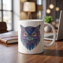 Celestial Owl Mug Gold & Blue Luxury Line Art